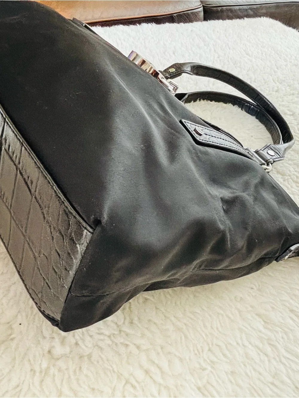 Michael Kors Black Tote with Croc-Trim Flap and Logo Lock